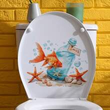 1pc Ocean Goldfish & Drift Bottle Toilet Sticker, Removable Waterproof Bathroom Toilet Seat & Tank Decal With Ocean Animal Design - one-size - View 4