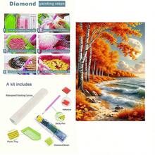 1件套5D DIY钻石画套装，独特的亚克力全圆钻马赛克艺术画布，秋季海岸白桦林主题设计，适用于墙面装饰、客厅、卧室、办公室，完美的创意手工艺术节日礼物（不含画框） - 圓鑽 - 查看 3