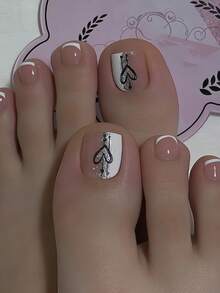 Instantly Upgrade Your Look With 24pcs Short Square False Toenails Soft White French Manicure With Black Heart Shaped Toenails And Elegant Nude Toenails Full Coverage Fake Nail Tips For Women And Girls Includes 1 Sheet Adhesive Tabs & 1 Pc Mini File Strip Jelly Gel Random Shipment - White - View 1