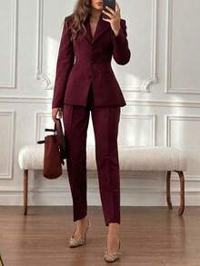 [Spring/Summer Style] Best-Selling New Arrivals 2pcs/Set Elegant Basic + Ankle-Length Pants, Suitable Business, Commute And Daily Wear Black Spring - 酒紅色 - 查看 11