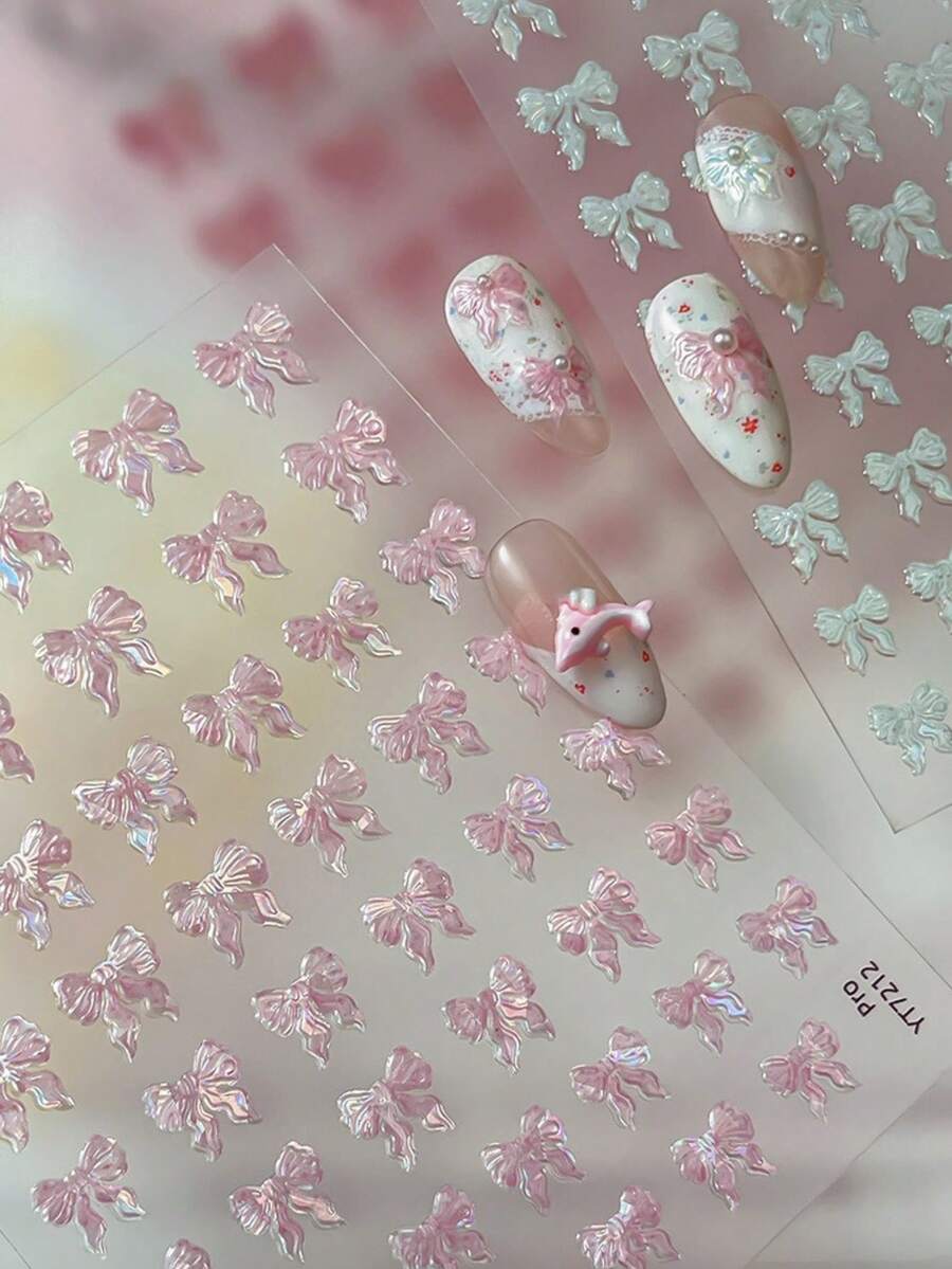 蝴蝶结美甲贴纸,1张粉色5D立体浮雕自粘DIY美甲贴纸 - 适合女孩和女士的美甲用品和美甲饰品 - 春夏美甲,适合家庭美甲沙龙 - 彩色 - 查看 1