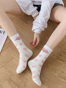 1/4 Paio di calze a metà polpaccio da donna con stampa a cuore, stile dolce, calze di moda versatili adatte per primavera, estate, autunno, inverno, adatte per coppie, sport, uso interno ed esterno - Multicolore - Visualizzare 2