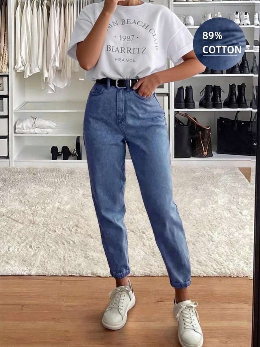 Black & Grey Harajuku Style Loose Fit High Waist Wide Leg Jeans, Comfortable Mom Jeans Casual Spring