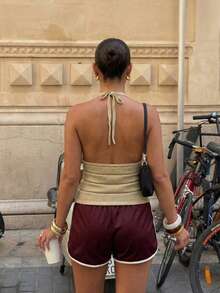 New Women's Y2K Baddie Style Brown Lace-Up Camisole Top, Sexy Backless Vest, Deep V-Neck Hollow Design, Suitable For Beach Vacation, Beach Party, Country Music Festival, Music Festival, Graduation Ceremony, Outing, Date - Brown - View 8