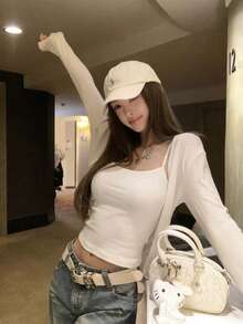 简约百搭纯色经典吊带背心，带衬垫胸罩，时尚女款 - 白色 - 查看 2