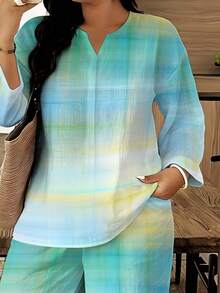 One Women's 2-Piece Set With All-Over Blue, Green And Yellow Gradient Plaid Print, Daily Casual, Polyester Fabric, Lightweight And Breathable, Women's Set, Summer, Women's Fashion Set - 彩色 - 查看 4