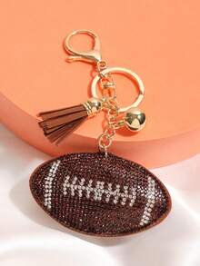 1pc Rhinestone Football Tassel Keychain, Geometric Pattern Casual Zinc Alloy Key Chain, Suitable For All Seasons - Coffee Brown - View 2