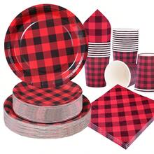 红黑格子一次性餐具套装，7/9英寸派对餐盘，一次性纸盘、纸杯、餐巾纸，适用于节日、婚礼、订婚、生日、派对、庆典等场合。 - 多色 - 查看 3