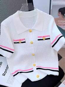 夏季时尚 Polo 领短袖甜美针织开衫 - 白色 - 查看 1