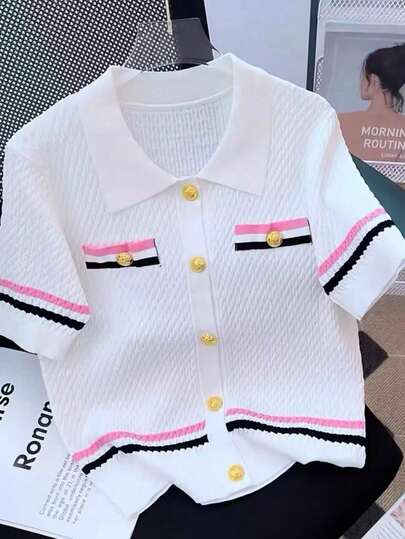 夏季时尚 Polo 领短袖甜美针织开衫