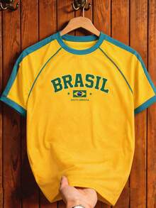 1pc Tween Boys' Fashionable Sporty Contrast Color Patchwork Short Sleeve T-Shirt - Yellow - View 4