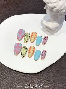 10片手工亚克力美甲贴片，美甲用品，杏仁形美甲，短款美甲贴片，酒红色美甲贴片，可爱美甲，粉状美甲，豹纹美甲，秋季美甲贴片，派对美甲，金线美甲，鳄鱼纹美甲，手绘美甲套装，亚克力美甲套装，美甲配件 - 彩色 - 查看 4