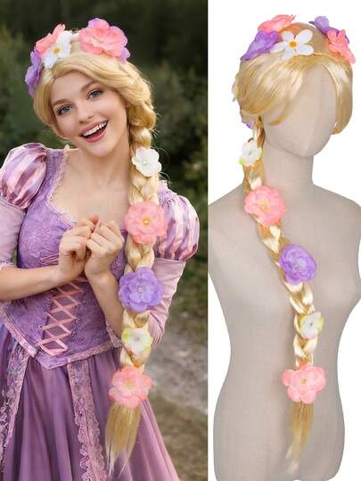 Tóc giả dài màu vàng óng ánh kiểu công chúa Rapunzel cho bé gái - Tóc giả bện để hóa trang thành công chúa, thích hợp cho Halloween, Giáng sinh và các bữa tiệc.