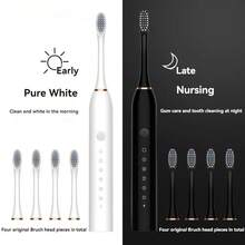 Cepillo de dientes eléctrico ultrasónico, modo de seis velocidades, pelo suave para el hogar, carga USB, limpiador de dientes impermeable para adultos, juego automático para parejas - 4 cabezales de cepillo - Ver 1