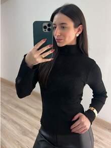 Women's Ribbed Knit Blouse Turtleneck Long Sleeve Elegant Simple Polyester Knitted Home Beach Daily - 黑色 - 查看 2