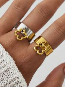 Frminee 2 piezas/1 pieza Anillo de trébol vintage de acero inoxidable, joyería de mujer chapada en oro de 18K, regalo de anillo de trébol, accesorios de playa con encanto para mujer - Multicolor - Ver 4