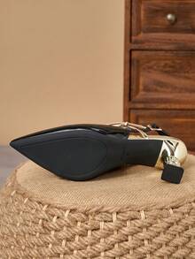 WHDXY Sandal Hak Tinggi Hitam Elegan, Hak Berbentuk Unik untuk Wanita, Sepatu Pumps Tanpa Penutup Belakang dengan Tali Logam dan Ujung Lancip, Cocok untuk Acara Formal, Kantor, dan Perjalanan Sehari-hari - Hitam - View 7