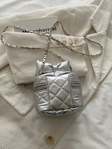 2026 New Bow Embroidered Rhombus Texture Chain Crossbody Square Bag, Fashionable Shoulder Bag For Women - Silver - View 11