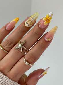 24片装长方形亚克力美甲贴片套装，包含3D柠檬泡泡水、渐变黄白花卉、个性化珠子、橙色波点、白色珍珠、法式美甲、夏日海滩必备、金色海星、果冻凝胶1片、指甲锉1个，以及美甲工具。 - 彩色 - 查看 7