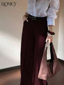 DONICY Quần nữ mùa xuân/hè mới về, màu đỏ tía trơn, cạp cao, ống rộng, có túi, kiểu dáng thời trang cổ điển thanh lịch tối giản, phù hợp cho mặc hàng ngày, công sở, hẹn hò, mua sắm, triển lãm và các dịp khác. - Màu Đỏ Sâu - Xem 7