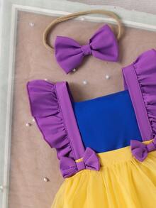 1pc Toddler Girls' Lovely Multi-Color Cap Sleeve Bow Tulle Princess Dress, Summer Holiday - Purple - View 4