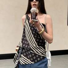 法式条纹印花不对称领吊带背心，修身显瘦设计，夏季不对称无袖上衣 - 黑色 - 查看 4