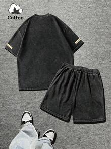 Plus Size Men's New Washed Black Short Sleeve T-Shirt Set, Cotton Short Sleeve, Street Fashion Interesting Emo Pattern 33 CHAMPIONS White English Letter Print Pattern Casual Washed Short Sleeve Set, Y2K Style, Suitable For Daily Wear - Black - View 2
