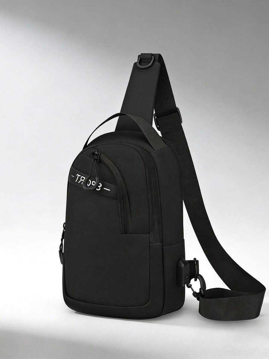 1个男士休闲PU防水斜挎包，轻便单肩包，带USB充电口、可调节肩带，多功能户外包，桃树图案，简约大方，是送给男士、学生、男友、商务人士和运动人士的理想礼物。