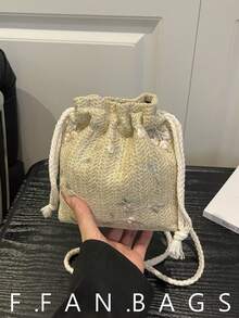 2026 Nueva bolsa de cubo con cordón de encaje, bolso de hombro cruzado tejido de moda para mujeres - Caqui - Ver 1