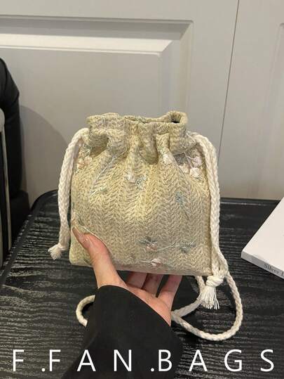 2026 Nueva bolsa de cubo con cordón de encaje, bolso de hombro cruzado tejido de moda para mujeres