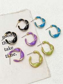 1 Pair Fashionable Colorful Enamel C-Shaped Hoop Earrings, Unique Geometric Design, Minimalist Versatile Jewelry For Women, Suitable For Daily, Dates, Parties, Great Gift For Girlfriend - Multicolor - View 3