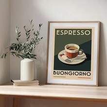 复古意式浓缩咖啡艺术帆布画 - 无框墙面装饰，印有“Buongiorno”（法语“你好”）字样 - 复古咖啡主题海报，适用于客厅、卧室、办公室或厨房 - 完美的礼物和家居装饰，咖啡吧配件 - 多色 - 查看 10