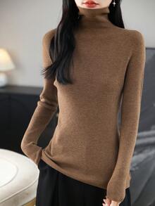2026春夏女式美利奴羊毛混纺针织T恤，休闲百搭，高领柔软长袖套头衫 - 棕色 - 查看 6
