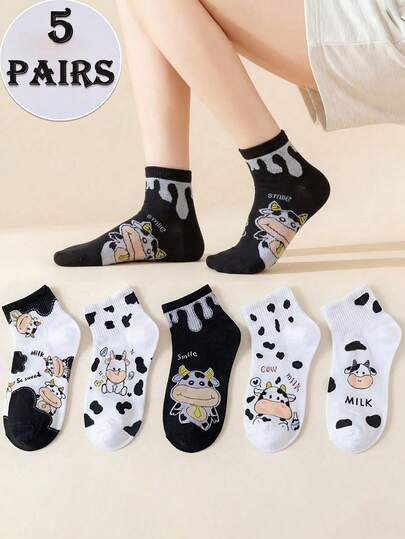 5 Pairs Women's Black & White Cow Print Cartoon Letter Breathable Absorbent Cute Funny Shallow Mouth Short Socks, Suitable For Daily Wear, Home, And Gifts