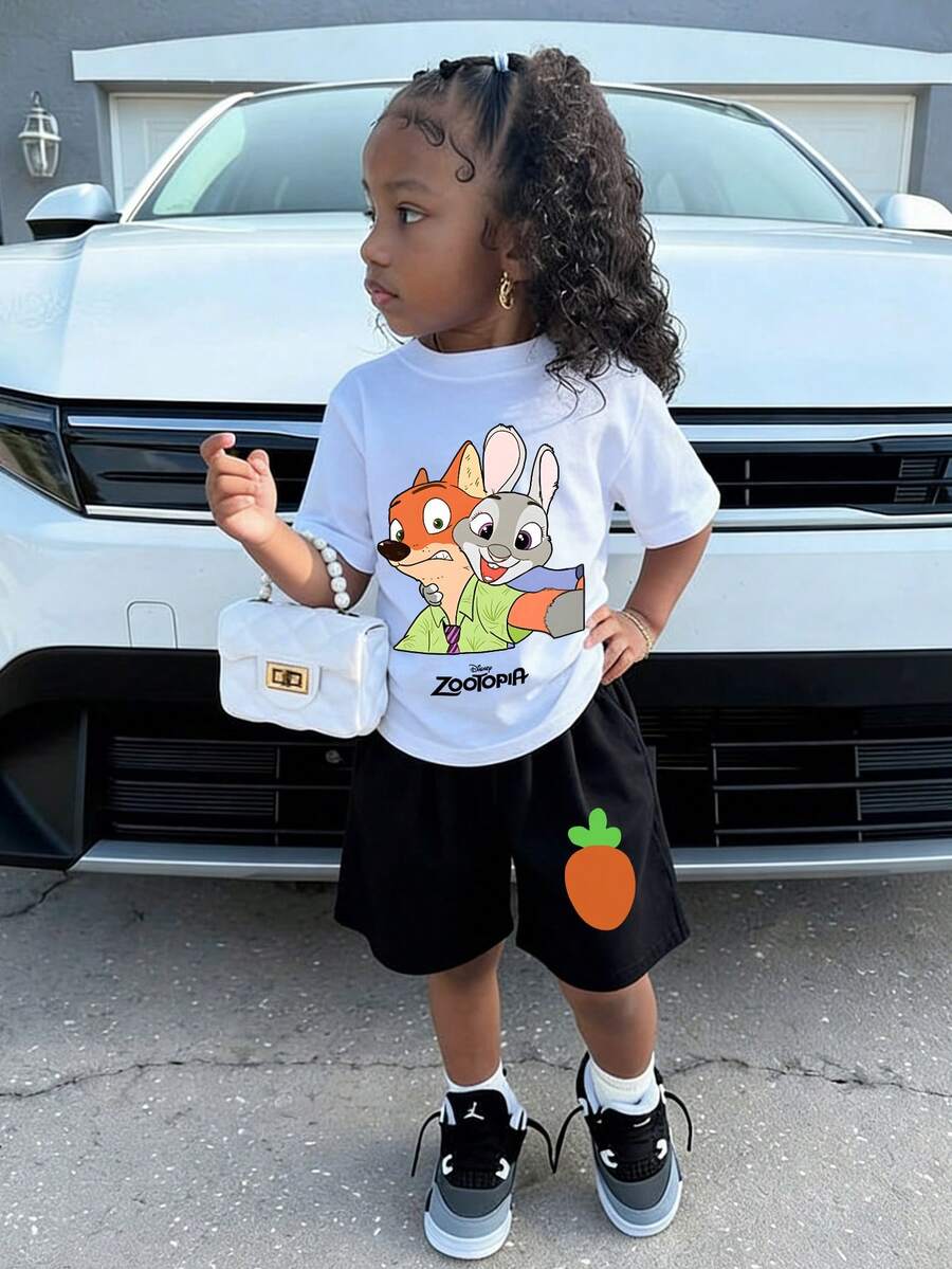 Official Authorization Disney Zootopia Print Kids 2 Piece Outfit, Girls Cute Cartoon Graphic T-Shirt And Shorts Set, Summer Casual Tops For Daily Wear Theme Park Vacation, Children's Clothing Holiday Gift - 白色 - 查看 1
