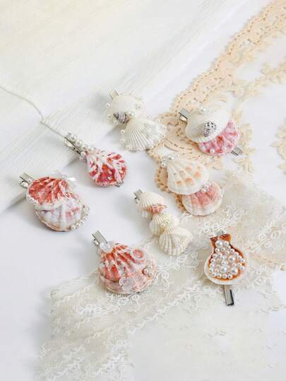 可爱贝壳珍珠发夹，天然海螺装饰发卡，时尚配饰，适合日常和度假佩戴