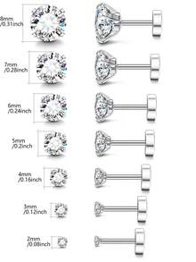 7对不锈钢扁平耳钉，立方氧化锆耳骨钉（2毫米/3毫米/4毫米/5毫米/6毫米/7毫米/8毫米） - 銀色 - 查看 13