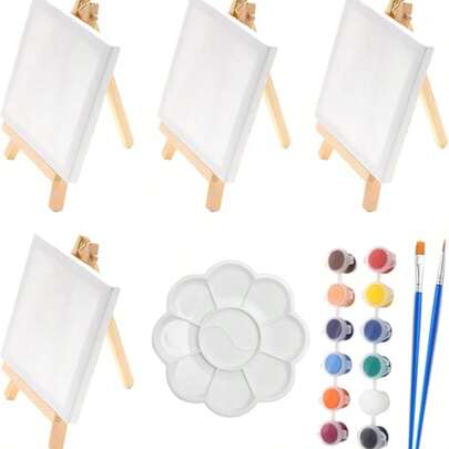 Complete DIY Acrylic Painting Set, Includes 6 Vibrant Colors, 2 Paintbrushes, Canvas And Palette - Suitable For Creative Artists And Gifts, Includes Portable Wooden Easel And Painting Supplies