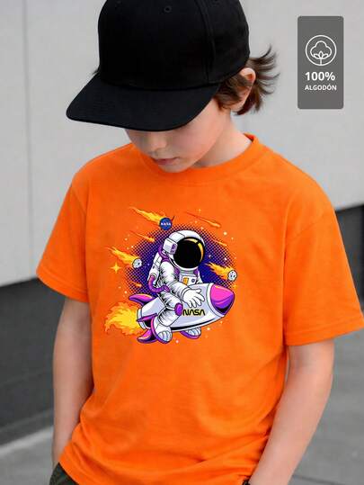  NASA Camiseta para niños de 4 a 12 años de 100% algodón, cuello redondo y manga corta, excelente calidad, cómoda y suave al tacto, con estampado Original de Astronauta con cohete