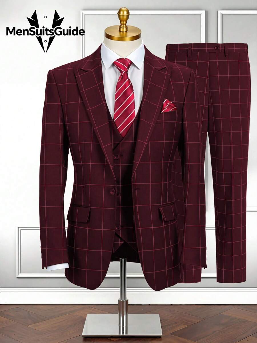 Men's Stripe 3 Piece Suit Set Slim Fit One Button Tuxedo Jacket Vest Pants For Wedding Prom Business & Formal Events - Màu Đỏ Sâu - Xem 1