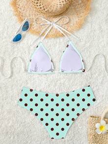 Bộ bikini chấm bi dành cho nữ, kèm nơ, thích hợp cho kỳ nghỉ hè ở bãi biển. - nâu xanh - Xem 3