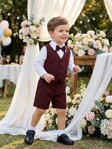 BOARNSEORL 3pcs Young Boys Gentleman Outfit - White Shirt With Bow Tie, Vest And Shorts, Fashionable & For Birthday Party, Gathering, Anniversary, Wedding - Burgundy - View 1