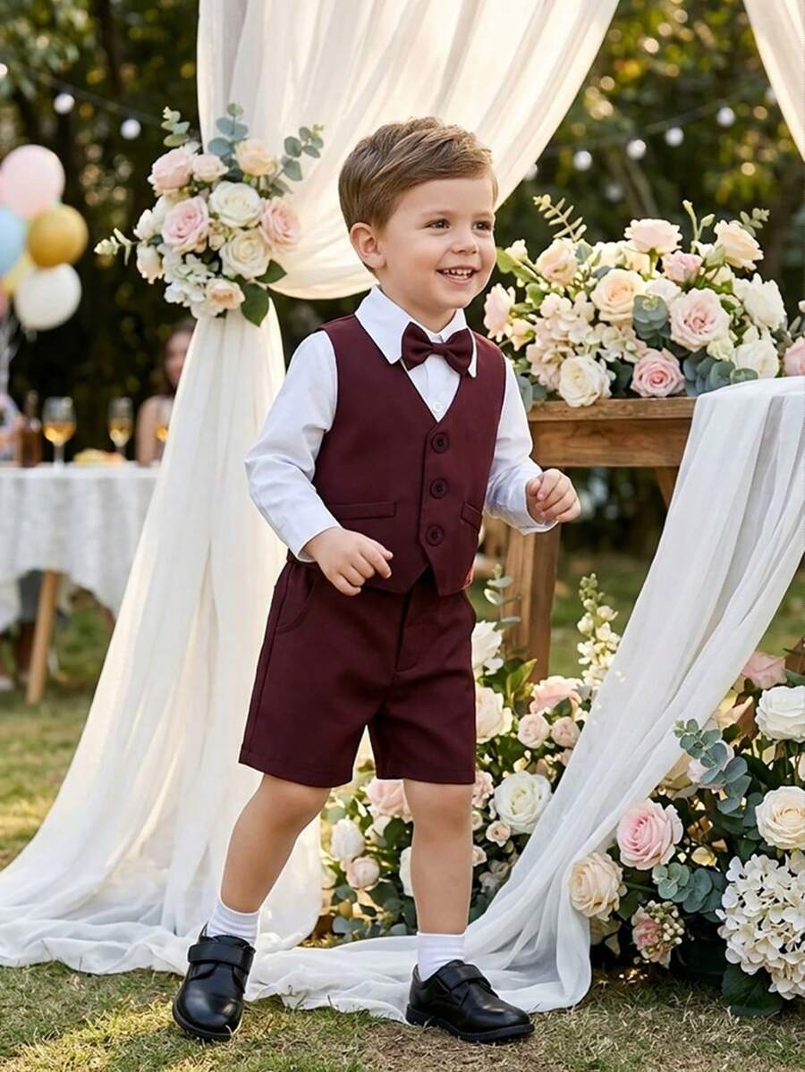 BOARNSEORL 3pcs Young Boys Gentleman Outfit - White Shirt With Bow Tie, Vest And Shorts, Fashionable & For Birthday Party, Gathering, Anniversary, Wedding - Burgundy - View 1
