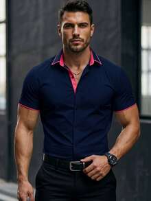 Men's Fashion Versatile Single-Breasted Contrast Color Short Sleeve Shirt Business - Navy Blue - View 3