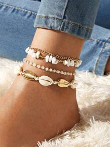 imoli 4pcs/Set Bohemian Style Resin Bead & Stone Beaded Anklet Set, Suitable For Women Beach Holiday Jewelry - 9426 - View 3