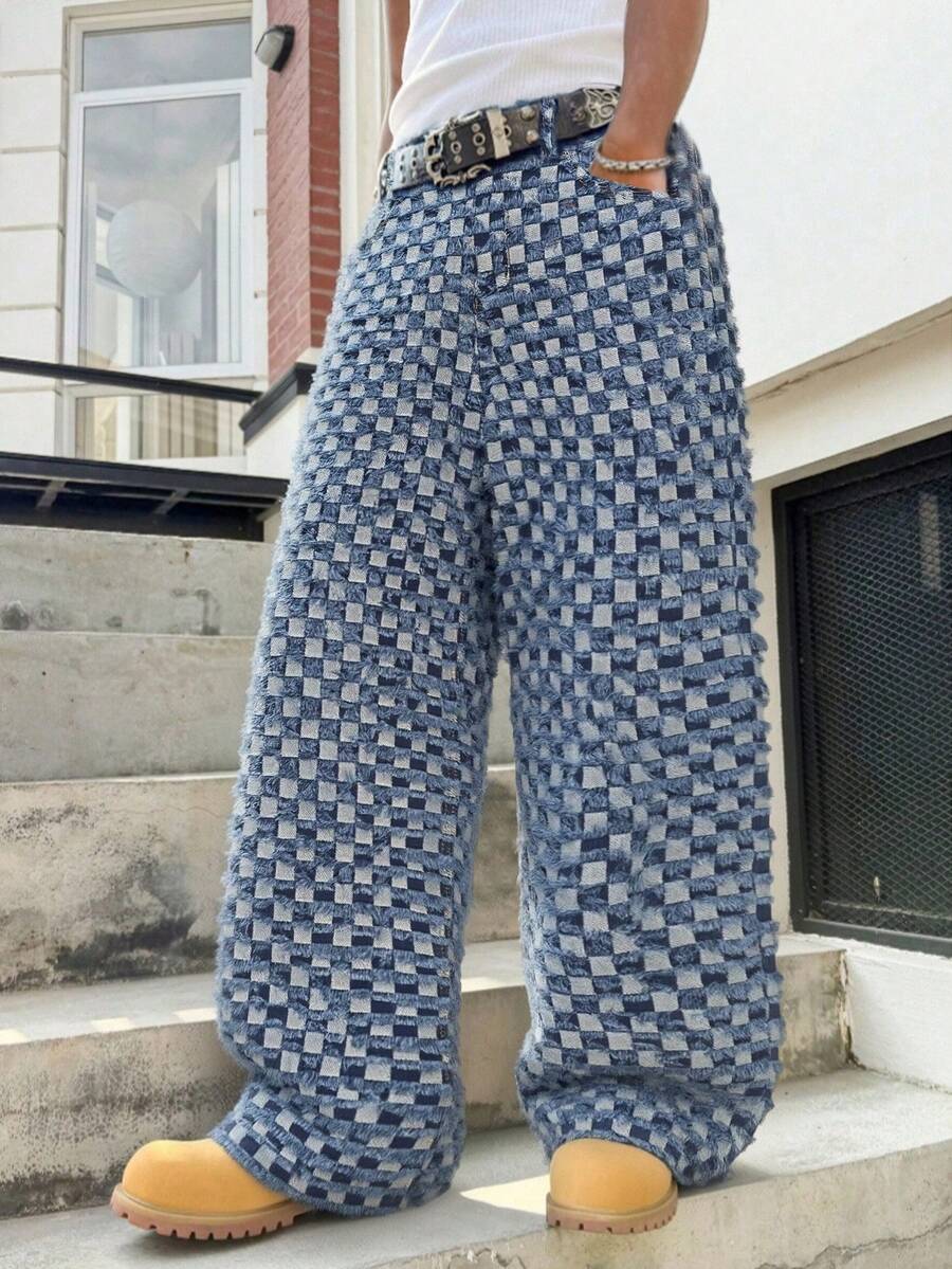 ONE.DINY New Arrival European And American Fashion Plaid Jacquard Sandwashed Loose Wide-Leg Jeans, American Vintage Loose Frayed Casual Pants