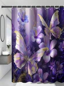 Bộ 1/4 - Bộ rèm tắm hình bướm tím, rèm tắm chống thấm nước họa tiết hoa bướm vàng lá phong cách trang trại hiện đại, kèm 12 móc treo, thảm chống trượt phòng tắm, thảm chữ U cho bồn cầu, tấm phủ nắp bồn cầu, quà tặng gia đình. - A - Xem 17