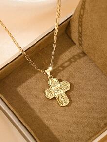 Colar infantil unissex com cruz católica vintage em zircônia, feito de cobre banhado a ouro 14K com revestimento uniforme e cor quente, resistente à oxidação e ao desbotamento, ideal para uso prolongado. - Ouro amarelo - Ver 4