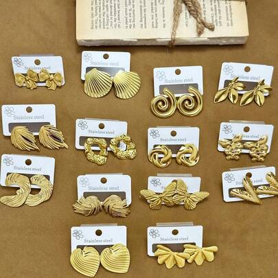 12 Pieces/Set Elegant And Unique Gold 304 Stainless Steel Earring Set, Perfect Gift For Classmates And Friends, Suitable For Women's Daily Wear, Easter, Mother's Day, Holiday Gift First Choice
