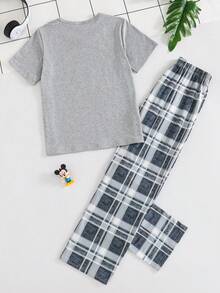 Disney Conjunto de pijama para niños preadolescentes con top de manga corta con estampado de letra "High Fly" y pantalones largos de cintura elástica a cuadros para el verano - Gris Claro - Ver 2